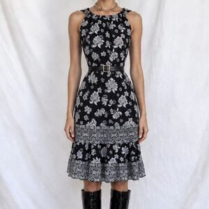 Vintage Y2K Blue Floral Pleated Flared Knee Length Cocktail Tunic Dress Size S/M